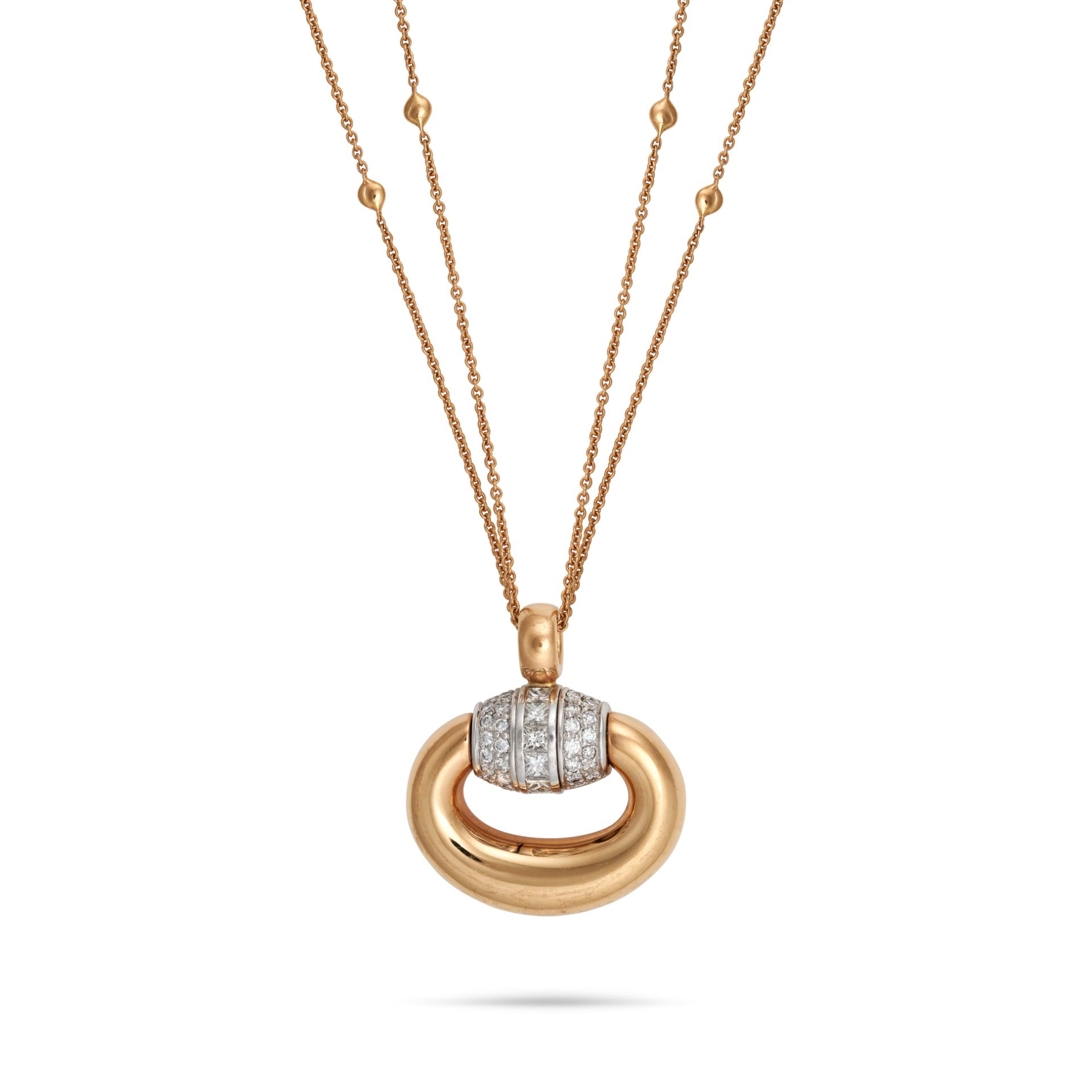 A DIAMOND PENDANT NECKLACE in 18ct yellow gold, the stylised pendant set with princess and round ...