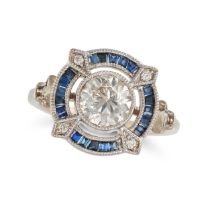 A SAPPHIRE AND DIAMOND TARGET RING in 18ct white gold, set with an old European cut diamond of ap...