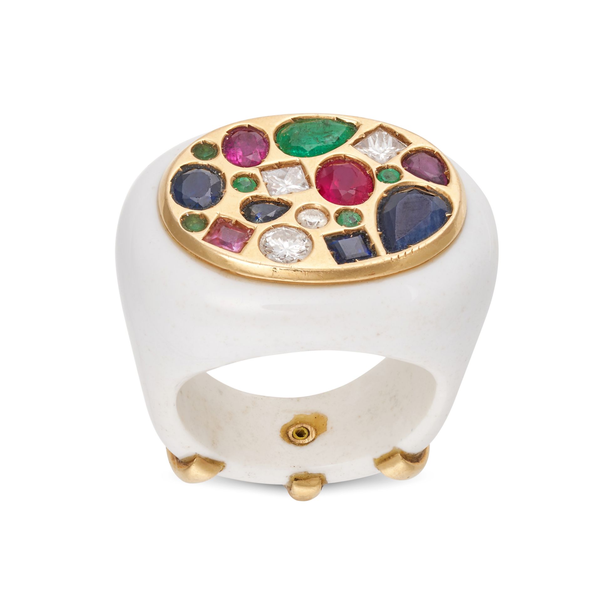 A GEMSET CERAMIC RING in 18ct yellow gold, the oval face set with round and princess cut diamonds... - Image 2 of 2