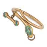 AN ANTIQUE TURQUOISE AND PASTE SNAKE BANGLE in silver gilt, the hinged bangle designed as a coile...