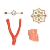 A MIXED LOT OF JEWELLERY comprising a polished coral twig, 4.9cm, 3.2g, a coral jewel carved to d...