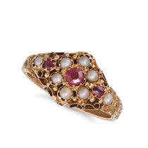 AN ANTIQUE VICTORIAN GARNET AND PEARL RING in 15ct yellow gold, set with a cushion cut garnet in ...