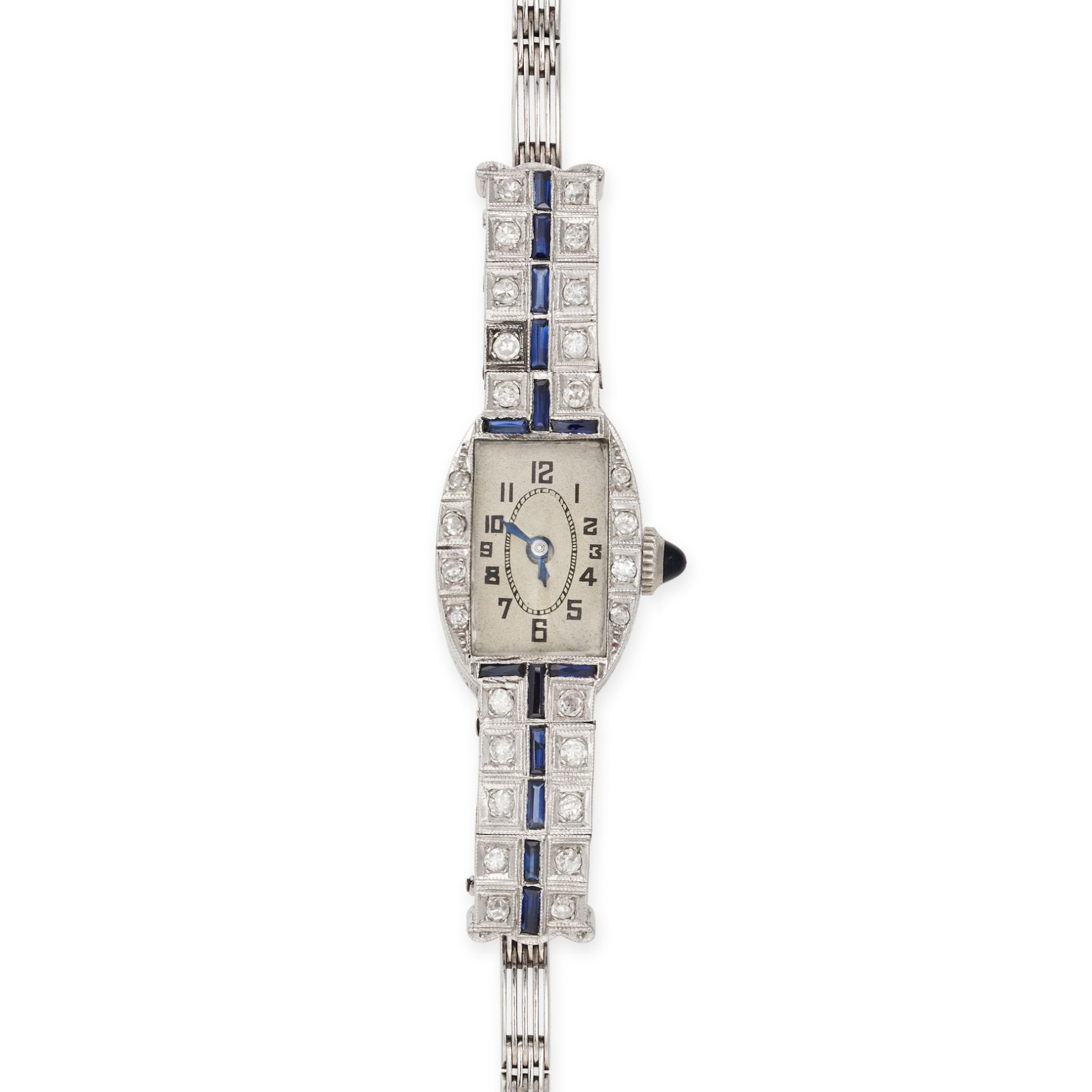 AN ART DECO LUTINA DIAMOND AND SAPPHIRE COCKTAIL WATCH in 9ct white gold, the rectangular dial wi...