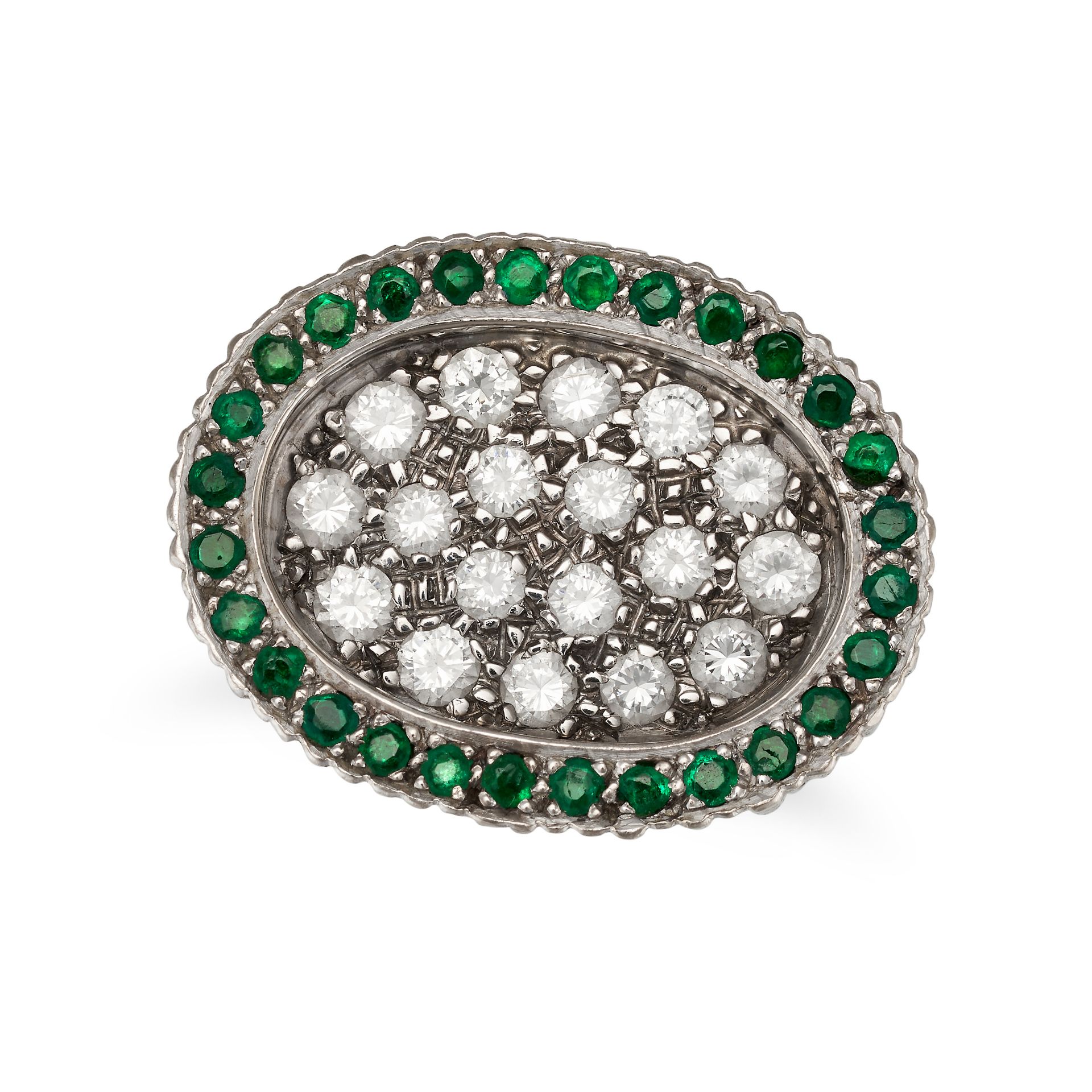 ANDREW GRIMA, A MODERNIST EMERALD AND DIAMOND DRESS RING, 1973 in 18ct white gold, the oval face ...