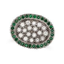 ANDREW GRIMA, A MODERNIST EMERALD AND DIAMOND DRESS RING, 1973 in 18ct white gold, the oval face ...