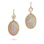 A PAIR OF OPAL AND DIAMOND DROP EARRINGS in yellow gold, each comprising an old European cut diam...