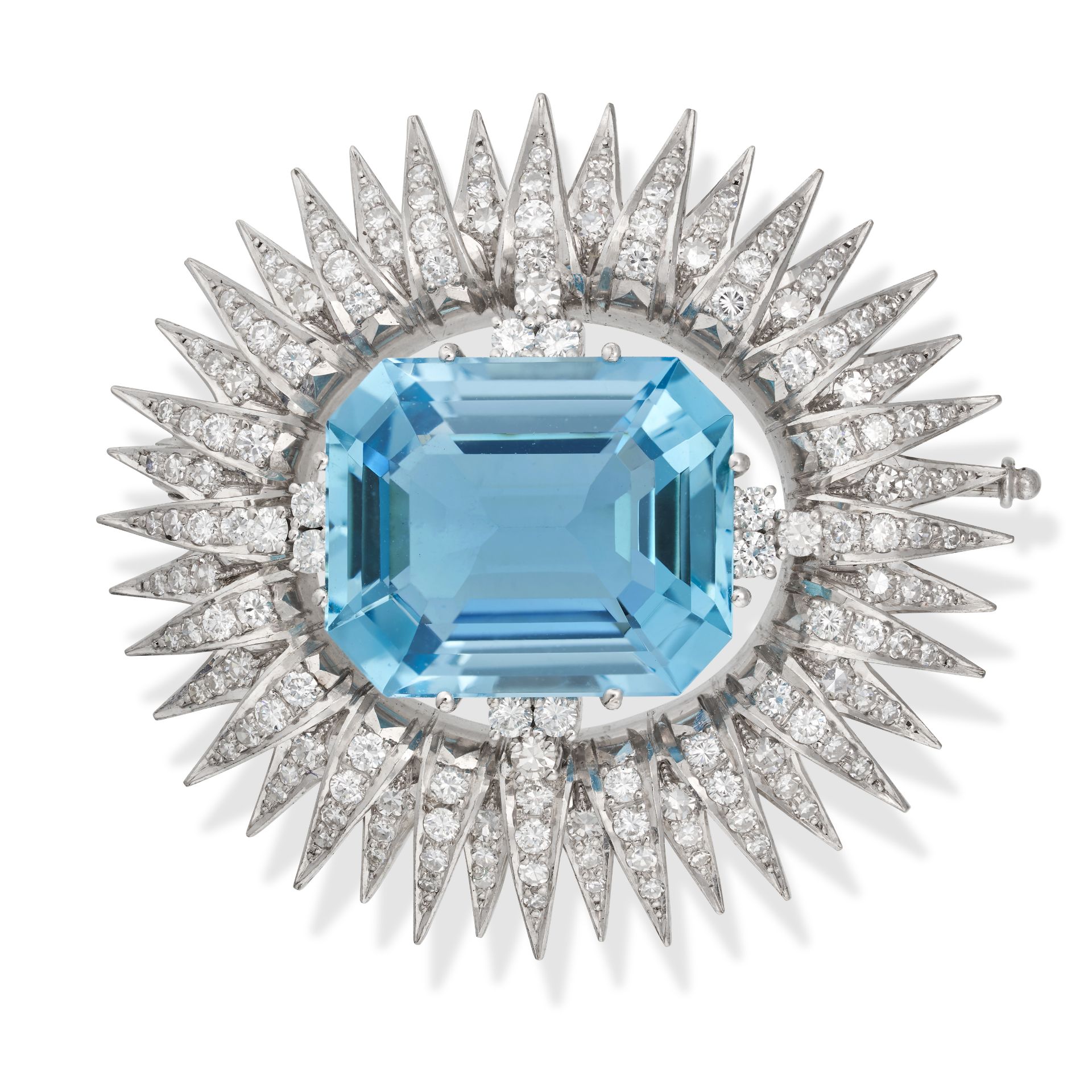 VITZTHUM, AN AQUAMARINE AND DIAMOND BROOCH, 1960S in 18ct white gold, set with an octagonal step ...