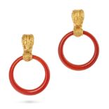 BULGARI, A PAIR CARNELIAN HOOP CLIP EARRINGS, 1970S in 18ct yellow gold, each comprising a gold d...