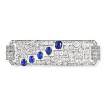 A SAPPHIRE AND DIAMOND BROOCH, 1930S in platinum, the openwork geometric brooch set throughout wi...