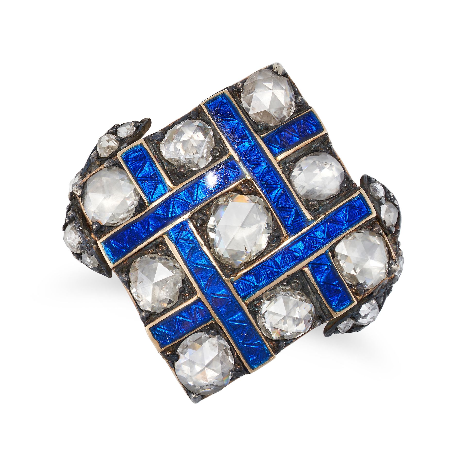 AN ANTIQUE DIAMOND AND ENAMEL RING in yellow gold and silver, the diamond shaped face set with ro...