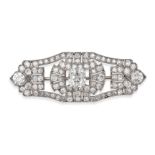 AN ANTIQUE ART DECO DIAMOND BROOCH in platinum, the geometric openwork brooch set to the centre w...
