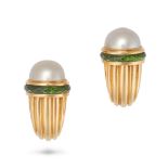 BULGARI, A PAIR OF PEARL AND GREEN TOURMALINE CLIP EARRINGS in 18ct yellow gold, each fluted clip...