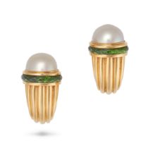 BULGARI, A PAIR OF PEARL AND GREEN TOURMALINE CLIP EARRINGS in 18ct yellow gold, each fluted clip...