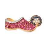 ATTR TO PAUL FLATO, A VINTAGE RUBY, SAPPHIRE AND DIAMOND SHOE BROOCH in yellow gold, designed as ...