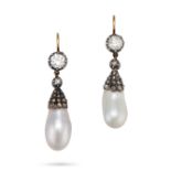 A PAIR OF ANTIQUE NATURAL SALTWATER PEARL AND DIAMOND DROP EARRINGS in yellow gold and silver, ea...