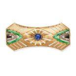 AN ANTIQUE SAPPHIRE, JADEITE JADE, DIAMOND AND ENAMEL PLAQUE BROOCH in yellow gold, the openwork ...