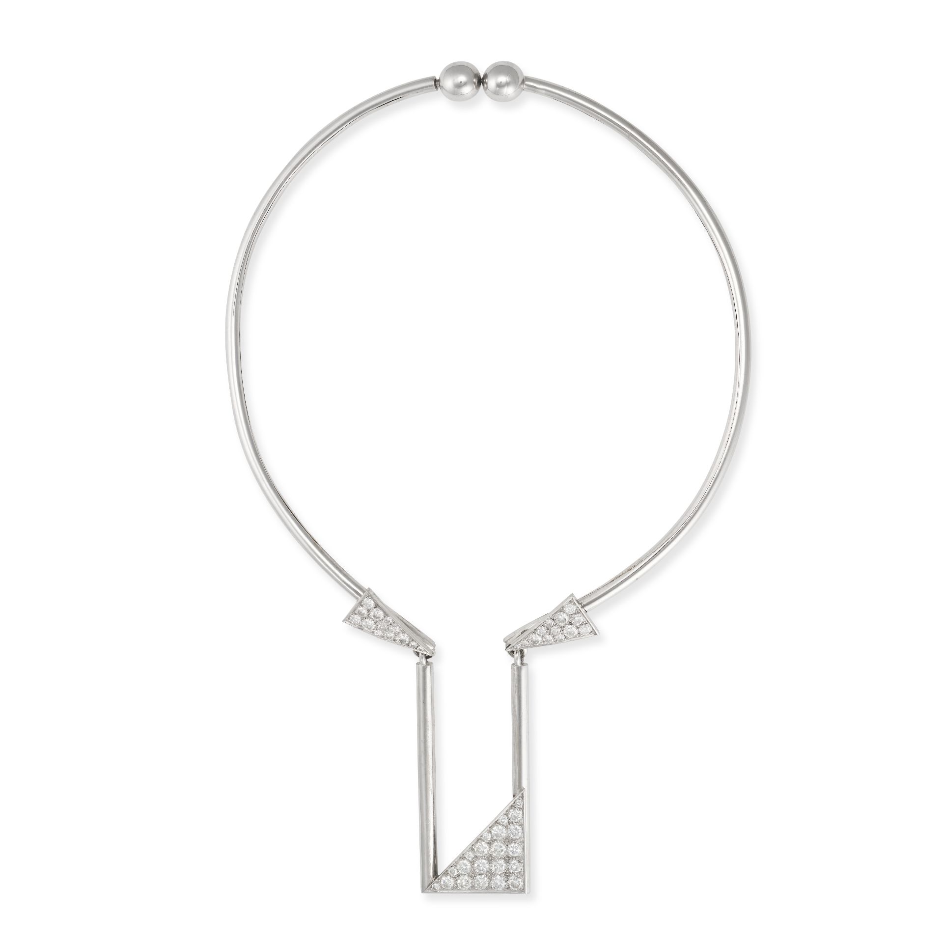 A DIAMOND TORQUE NECKLACE in 14ct white gold, the torque necklace suspending a geometric pendant ...