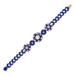 A FINE ANTIQUE DIAMOND, ENAMEL AND MOONSTONE BRACELET in yellow gold, comprising three domed link...