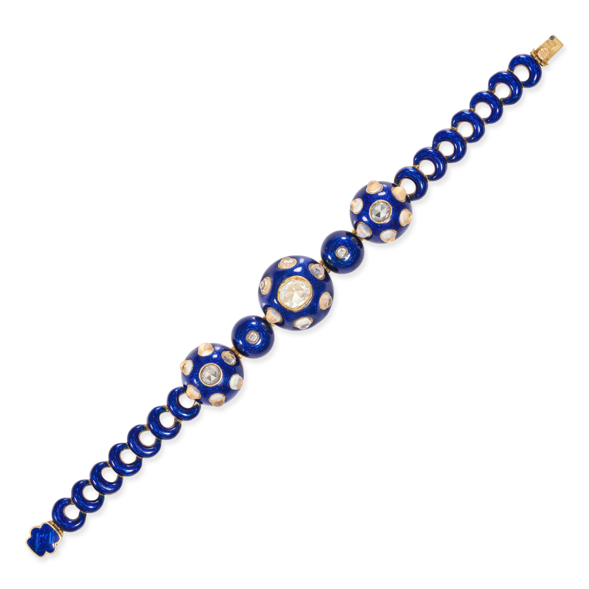 A FINE ANTIQUE DIAMOND, ENAMEL AND MOONSTONE BRACELET in yellow gold, comprising three domed link...