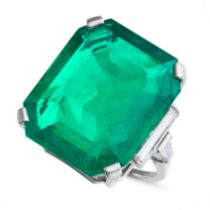 AN IMPORTANT 21.07 CARAT COLOMBIAN EMERALD AND DIAMOND RING in platinum, set with an octagonal st...