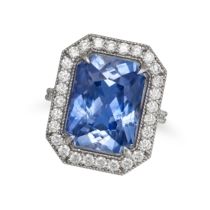 A 13.56 CARAT CEYLON NO HEAT SAPPHIRE AND DIAMOND RING in 18ct white gold, set with an octagonal ...