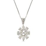 A DIAMOND PENDANT NECKLACE in white gold, the pendant set with a cluster of pear and marquise bri...