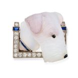 AN ANTIQUE ART DECO AGATE, DIAMOND AND SAPPHIRE FOX TERRIER BROOCH in platinum, comprising a fine...