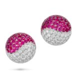 BULGARI, A PAIR OF RUBY AND DIAMOND CLIP EARRINGS in 18ct white gold, the domed faces pave set wi...