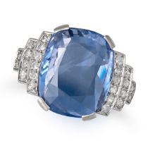 A CEYLON NO HEAT SAPPHIRE AND DIAMOND RING in platinum, set with a cushion cut sapphire of approx...