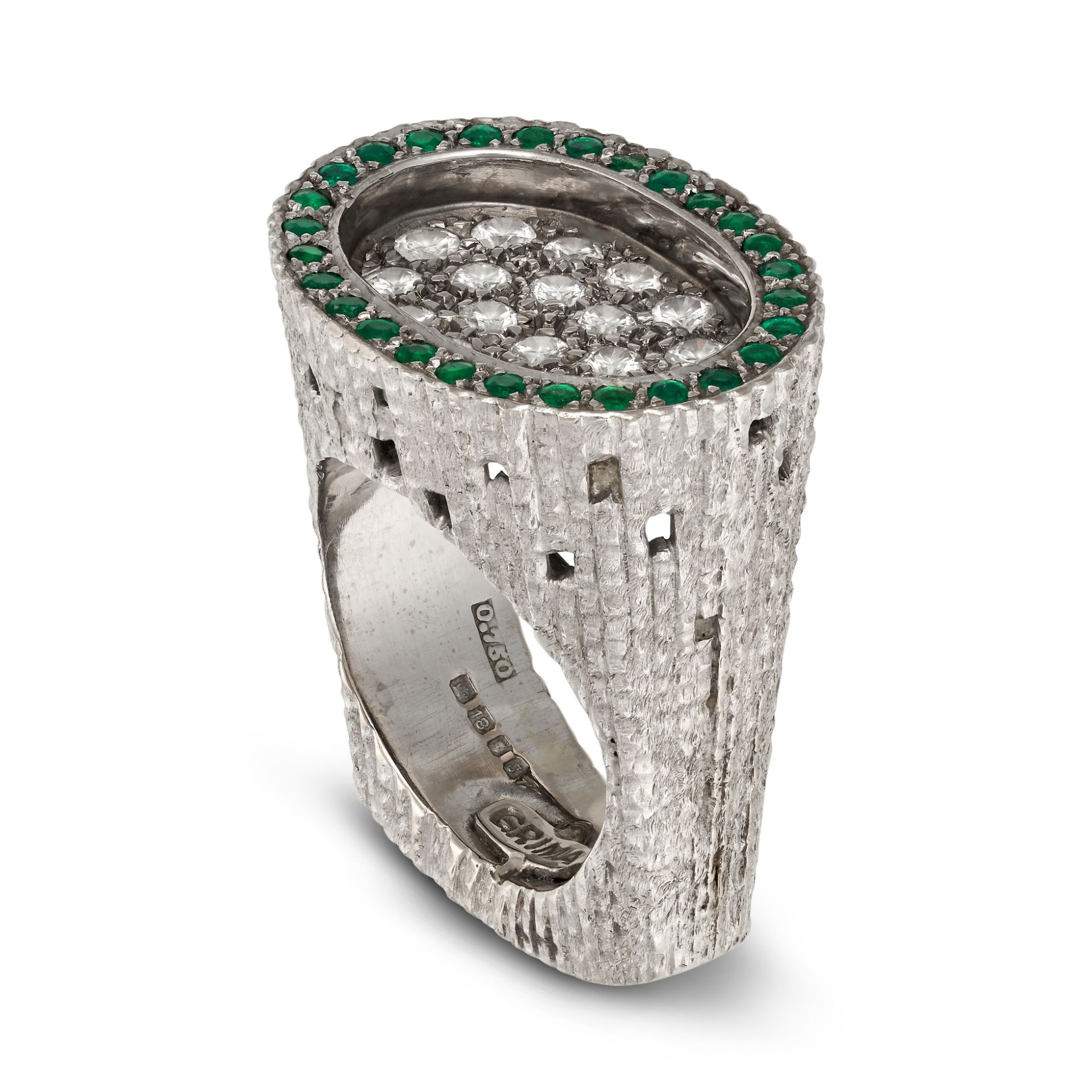 ANDREW GRIMA, A MODERNIST EMERALD AND DIAMOND DRESS RING, 1973 in 18ct white gold, the oval face ... - Image 2 of 2