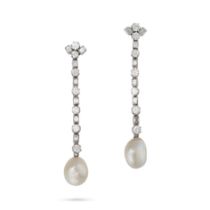 A PAIR OF NATURAL SALTWATER PEARL AND DIAMOND DROP EARRINGS in white gold and platinum, each comp...