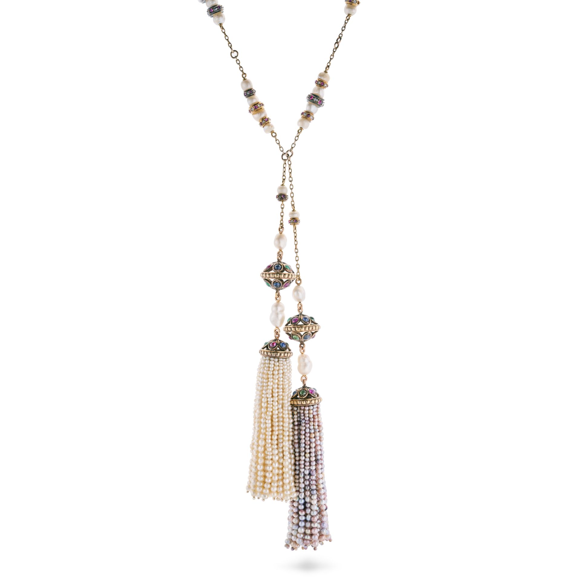 A FINE FRENCH GEMSET NATURAL PEARL TASSEL NECKLACE in yellow gold, the chain set with pearls and ...