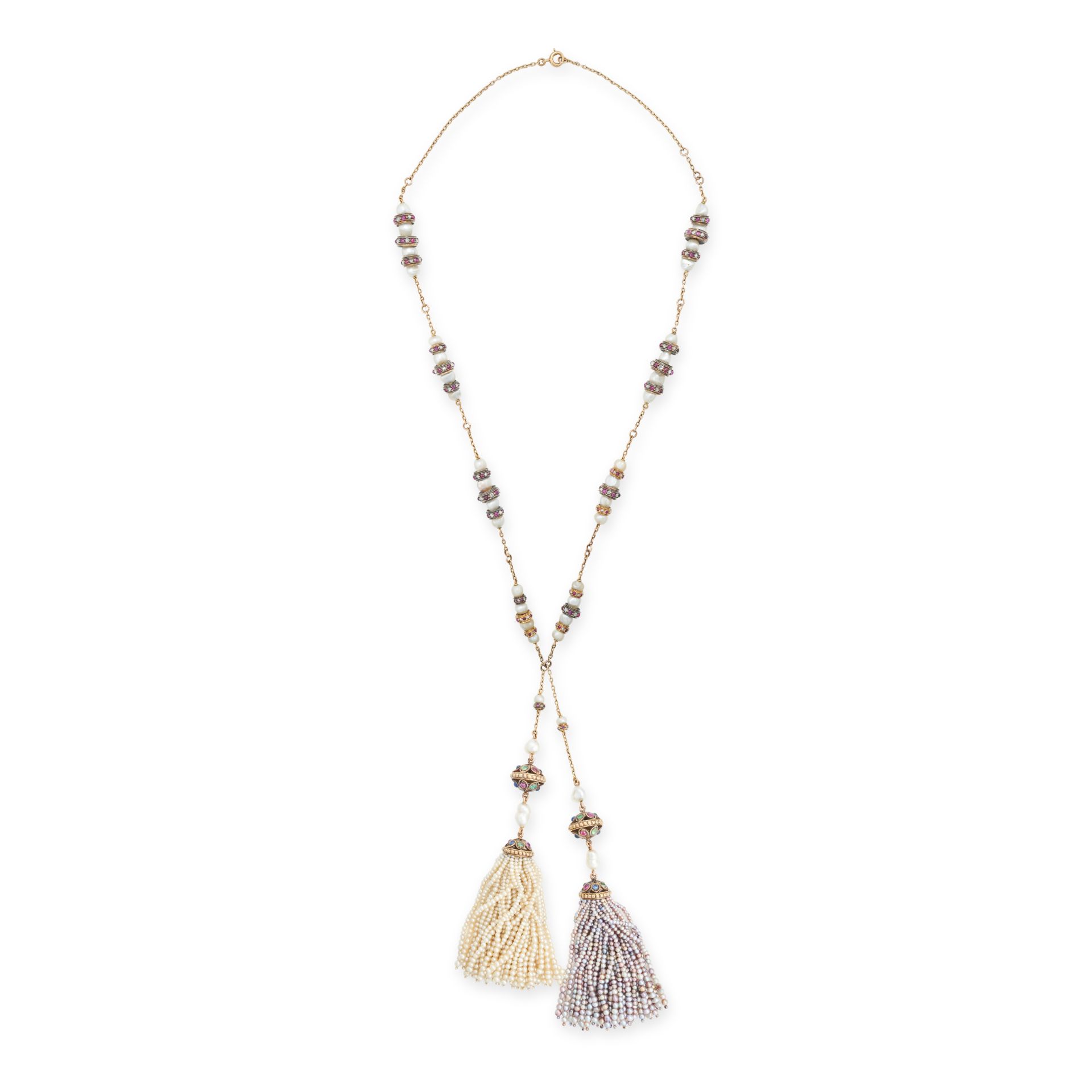 A FINE FRENCH GEMSET NATURAL PEARL TASSEL NECKLACE in yellow gold, the chain set with pearls and ... - Image 2 of 2