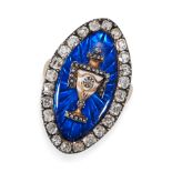 AN ANTIQUE GEORGIAN DIAMOND AND ENAMEL MOURNING RING in yellow gold and silver, the navette face ...
