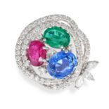 A SAPPHIRE, EMERALD, RUBY AND DIAMOND DRESS RING in 18ct white gold, set with an oval cut sapphir...