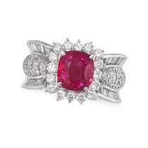 A FINE 2.14 CARAT BURMA NO HEAT RUBY AND DIAMOND RING in platinum, set with a cushion cut ruby of...
