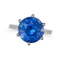 AN 11.54 CARAT BURMA NO HEAT SAPPHIRE AND DIAMOND RING in platinum, set with a round faceted sapp...