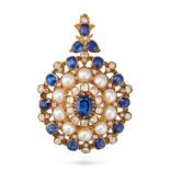 AN ANTIQUE VICTORIAN SAPPHIRE, PEARL AND DIAMOND PENDANT / BROOCH in 18ct yellow gold, set with a...