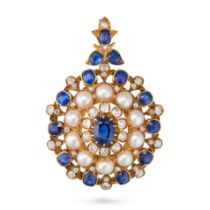 AN ANTIQUE VICTORIAN SAPPHIRE, PEARL AND DIAMOND PENDANT / BROOCH in 18ct yellow gold, set with a...