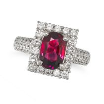 AN EXQUISITE 3.16 CARAT BURMA NO HEAT RUBY AND DIAMOND RING in platinum, set with an oval cut rub...