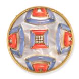 A MOTHER OF PEARL, BLUE CHALCEDONY, CORAL AND DIAMOND BROOCH in 18ct yellow gold, the circular br...