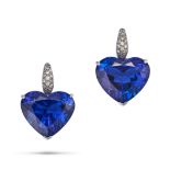 BOODLES, A PAIR OF TANZANITE AND DIAMOND EARRINGS in platinum, each earring set with a heart shap...