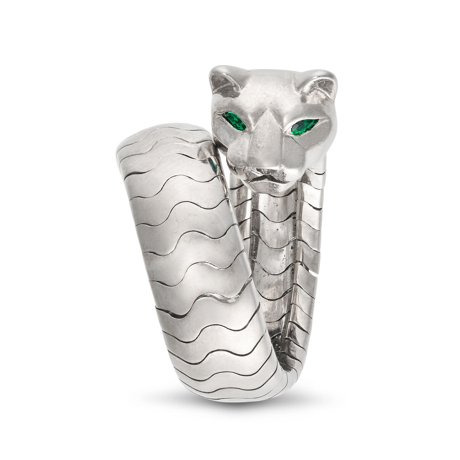 CARTIER, A LAKARDA PANTHERE RING in 18ct white gold, designed as a coiled panther, set with pear ...