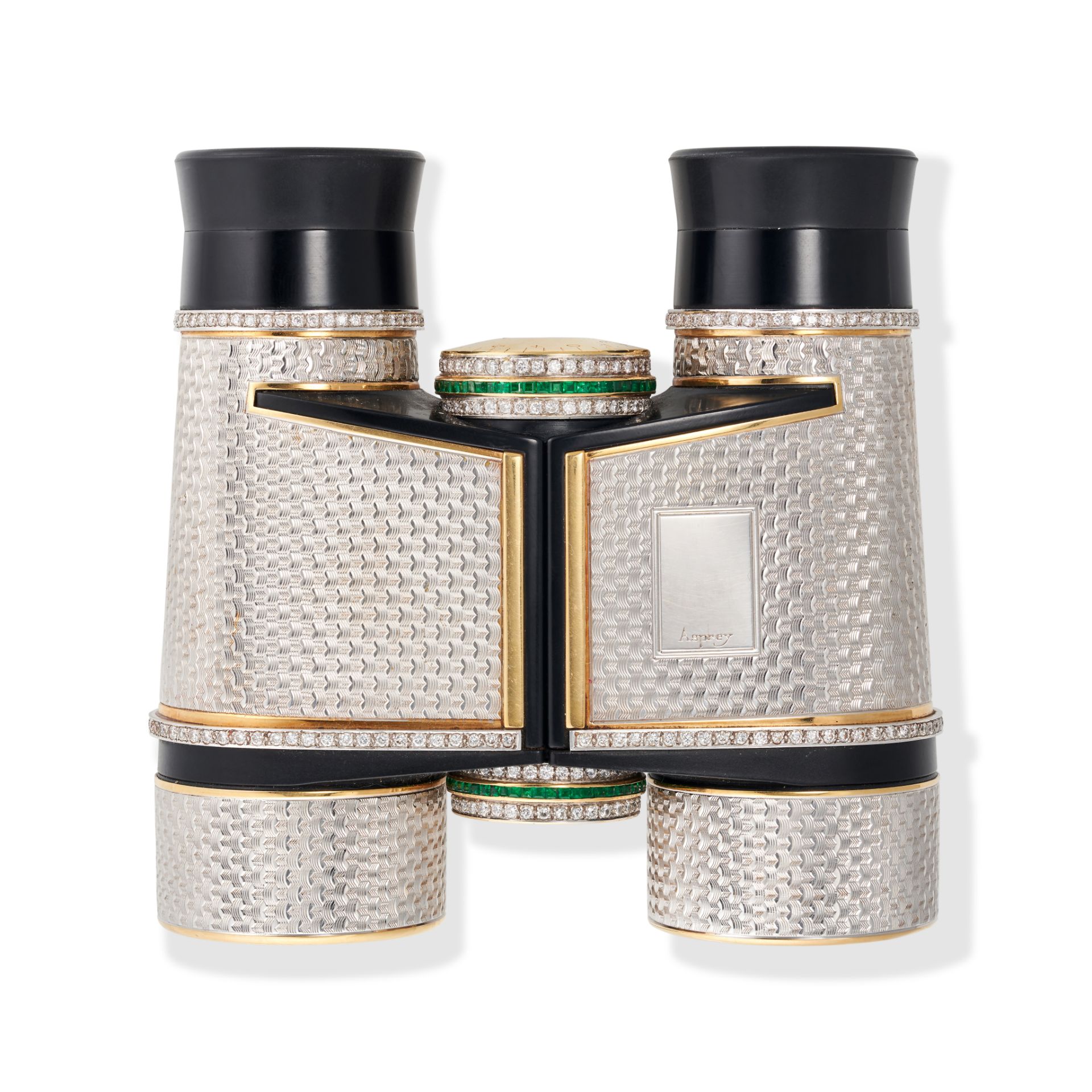 ASPREY, A PAIR OF EMERALD AND DIAMOND BINOCULARS in 18ct white and yellow gold, the functioning b...