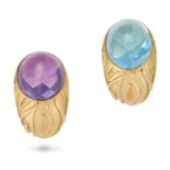 ROBERTO LEGNAZZI, A PAIR OF MISMATCHED AMETHYST AND BLUE TOPAZ CLIP EARRINGS in 18ct yellow gold,...