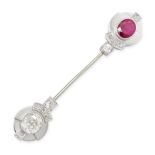 A FINE ANTIQUE ART DECO FRENCH RUBY AND DIAMOND JABOT PIN in 18ct white gold and platinum, set wi...
