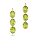 A PAIR OF GREEN PASTE DROP EARRINGS each set with an articulated row of three oval cut paste ston...