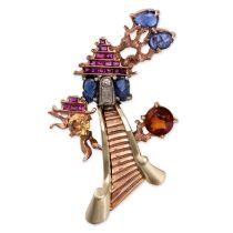 A MULTIGEM PAGODA BROOCH in yellow gold, designed as a pagoda set throughout with baguette and ol...