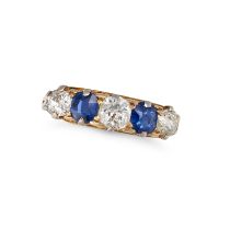 A SAPPHIRE AND DIAMOND FIVE STONE RING in 18ct yellow gold, set with three old cut diamonds and t...