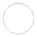 MIKIMOTO, A SINGLE ROW AKOYA PEARL NECKLACE in 18ct white gold, comprising a row of pearls rangin...